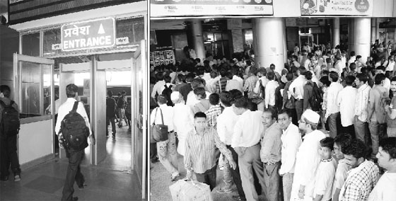 (Left) No railway police official deployed at the entrance point; and (right) a heavy rush at the Chandigarh railway station.