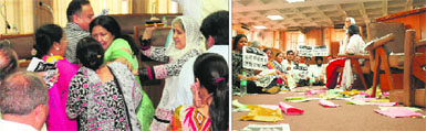 Councillors enter into a scuffle during the MC General House; and (right) SAD and BJP councillors sit on the floor as a mark of protest in Chandigarh on Friday. 