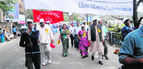 An anti -polythene rally being taken out in Mussoorie on Thursday.