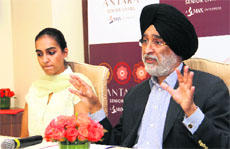 Analjit Singh, Chairman of Max India, along with Tara Singh of Antara Senior Living at a press conference in Dehradun on Friday.