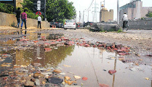 A broken road crying for repair in Jalandhar