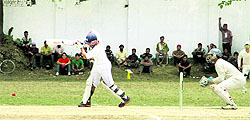 A batsman in action during a match in the 31st All India Uttarakhand Gold Cup Cricket Tournament in Dehradun on Saturday