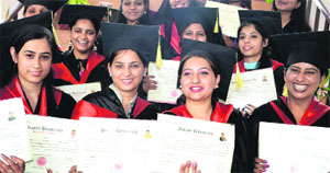 Students of DD Jain College in a jubilant mood after receiving degrees at the annual convocation in Ludhiana. 