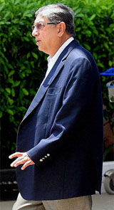 N Srinivasan at the Mumbai airport after landing there on Saturday. 