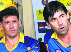 Chennai Super Kings coach Stephen Fleming (right) and Mike Hussey during an interaction with the media in Kolkata on Saturday evening. 