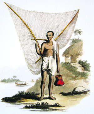  A Jellee, or Fisherman. Coloured etching by Balthazar Solvyns; ca. 1796.
