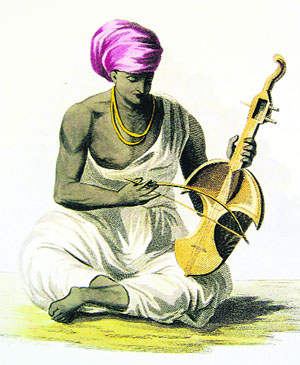 Sarinda Player.Coloured etching by Balthazar Solvyns; ca. 1796.