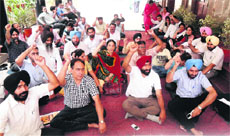 Members of the Punjab and Chandigarh College Teachers Union held a protest at DAV College in Amritsar on Sunday.