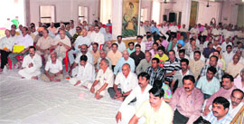Members of the Durgiana Temple Management Committee take part in a meeting in Amritsar on Sunday. 