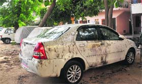 The damaged car in Sector 56, Chandigarh, on Sunday