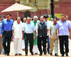 Delhi BJP MLAs led by Vijay Kumar Malhotra coming out of the Rashtrapati Bhavan after meeting President Pranab Mukherjee. They submitted a memorandum, urging him to dismiss Chief Minister Sheila Dikshit in view of her indictment by the Lokayukta, in New Delhi on Sunday. 