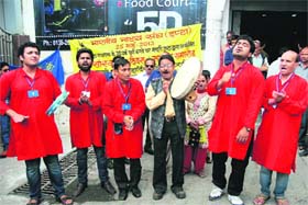Members of IPTA stage a streetplay to mark the 70th anniversary of the organisation in Mussoorie on Sunday