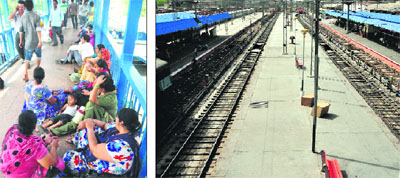 Passengers sit on a footbridge; and (right) the uncovered platforms 2 and 3 at the Ludhiana railway station. 