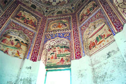 The whitewashed frescoes inside Sardar Punjab Singh Kumedans samadh at Rasulpur village.
