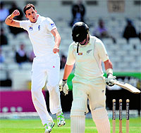 Steven Finn celebrates after bowling Ross Taylor on Sunday. Finn took three wickets in the first innings