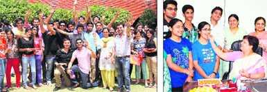 Students of Spring Dale Senior School celebrate after the result of CBSE Class XII examination was declared; (right) students being felicitated at DAV Police Public School in Amritsar on Monday. 