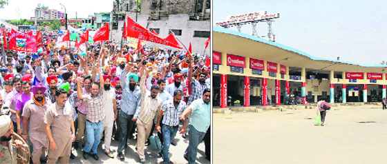 Contractual employees of the Punjab Roadways take out a protest march; and (right) the bus stand wears a deserted look as the protesting staff did not allow the entry of buses into it in Jalandhar on Monday. 