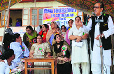 JKPCC chief Saifuddin Soz addresses party workers in Srinagar on Monday. 