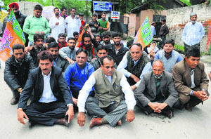 Leaders of the BJP protest in Srinagar on Monday. 