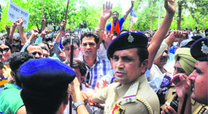 BSP workers hold a protest in front of the MC office in Chandigarh on Tuesday. 