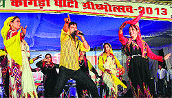 Thakur Das Rathi, "king of Himachali nati", performs at the state-level Kangra festival in Dharamsala on Tuesday