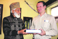 Hardline separatist leader Syed Ali Geelani with Canadian diplomat David Hamilton in Srinagar on Tuesday. A Tribune photo
