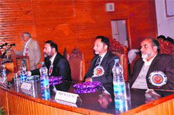 A speaker addresses a gathering on the eve of the golden jubilee celebrations of the Kashmir Universitys Political Science Department. A Tribune Photograph 