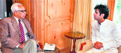 Filmmaker Raja Shabir Khan during a meeting with Governor NN Vohra at the Raj Bhawan in Srinagar on Tuesday. A tribune photograph