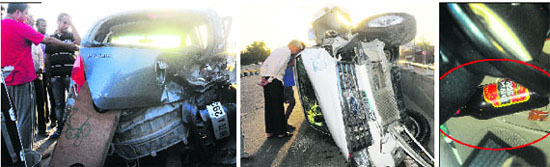 The damaged vehicles that met with an accident; and (extreme right) a liquor bottle found lying in the SUV on the Chandigarh-Zirakpur flyover.