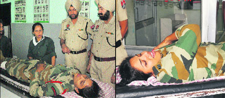 Woman commandos Nirmal Kaur and Kuldeep Kaur, who were injured in an accident at Phase IV, Industrial Area, Mohali, on Wednesday.