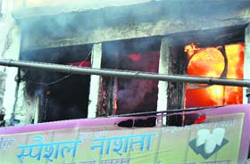 Flames engulf a restaurant near Clock Tower in Ludhiana on Tuesday