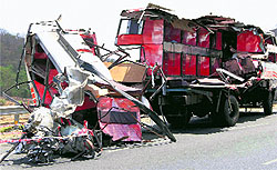 A major accident occurred when a chemical container dashed into a luxury bus coming to Mumbai from Ahmedabad near Charoti Naka in Thane on Wednesday morning