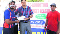The felicitation ceremony in progress after the Drug De-addiction Bathinda Premier League match on Thursday. A Tribune photograph