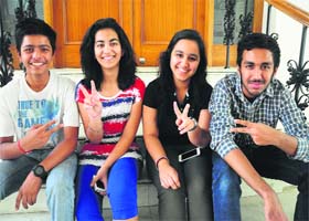 From left): Budding players Parnav Sharda (basketball), who has got an 8.4 CGPA, Srishti Jain (chess, 10 CGPA), Tanu (basketball, 8.2 CGPA) and Gautam Sharma (football, 9.8 CGPA) at St Kabir School in Sector 26, Chandigarh, on Thursday