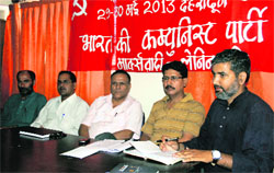 Senior state leaders of the CPI (ML) at the party convention in Dehradun on Wednesday. Tribune photo: Vinod Pundir