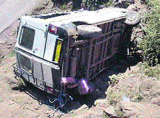 The bus that skidded off the road in Rajouri on Thursday.