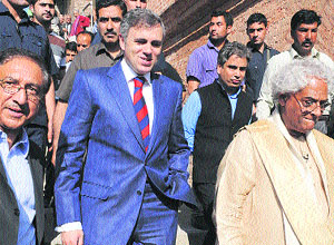 Chief Minister Omar Abdullah along with Rajiv Sethi, founder, Asian Heritage Foundation, at Lal Ded Memorial Cultural Centre in Srinagar on Thursday. 