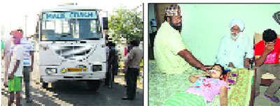 The bus that overturned; and (right) an injured child undergoes treatment at a hospital. 