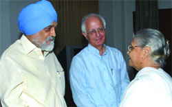 Planning Commission Deputy Chairman Montek Singh Ahluwalia with Chief Minister Sheila Dikshit during a meeting to finalise the Annual Plan 2013-14 for the state at Yojana Bhawan in New Delhi on Friday. Tribune photo