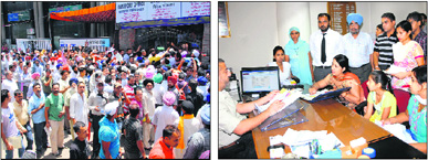 A large crowd of Punjabi deportees gathers outside the Regional Passport Office; and (right) Regional Passport Officer Harmanbir Singh Gill addresses the problems of deportees during the mega lok adalat in Jalandhar on Friday.