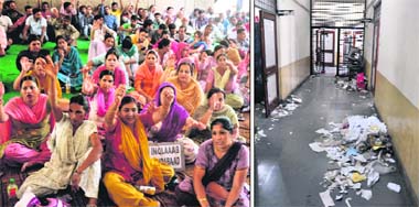 Non-Gazetted staff protest against the university administration outside the Vice-Chancellor office; (right) with safai karamcharis joining the strike, waste material and garbage is scattered on the floor of the examination branch of the University of Jammu on Friday