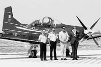 (From right): Swiss Ambassador Linus Von Casteimer, Union Minister of State for Defence Jitendra Singh and Air Chief Marshal NAK Browne at the induction of the Pilatus PC-7 MK II trainer aircraft into the IAF in Hyderabad on Friday