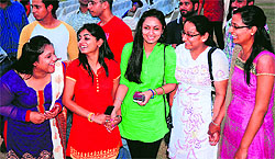 Students in a jubilant mood during the alumni meet of UIET at Panjab University in Chandigarh on Saturday