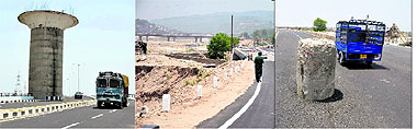 A road leading to the fourth Tawi bridge lacks safety parapets; a partially constructed overhead tank located on a sharp curve near the bridge; a broken cemented pillar in the middle of the road