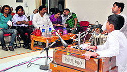 A child performs during a musical programme organised by the Saptak Sangeet Niketan in Jammu on Saturday