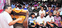 Mohammad Yousuf Tarigami, CPM state secretary, addresses partymen during a conference in Jammu on Saturday