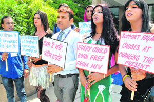 Gays hold an AIDS awareness rally at Thapar University in Patiala on Saturday.