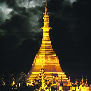 Lightning is seen over the Sule pagoda in Yangon. The Burmese stupa occupies an important space in contemporary Burmese politics, ideology and geography