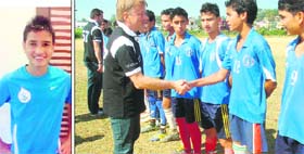 Nitin Jayal (left), who has gone to FC Metz Academy in France for football training; and (right) Denis Schaeffer, Director, FC Metz Academy, interacts Maharana Pratap Sports College players during his visit to Dehradun last year