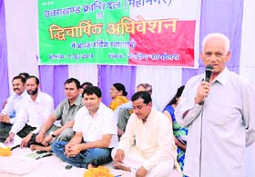 Uttarakhand Kranti Dal leaders at the convention of the Dehradun unit of the party in Dehradun on Sunday